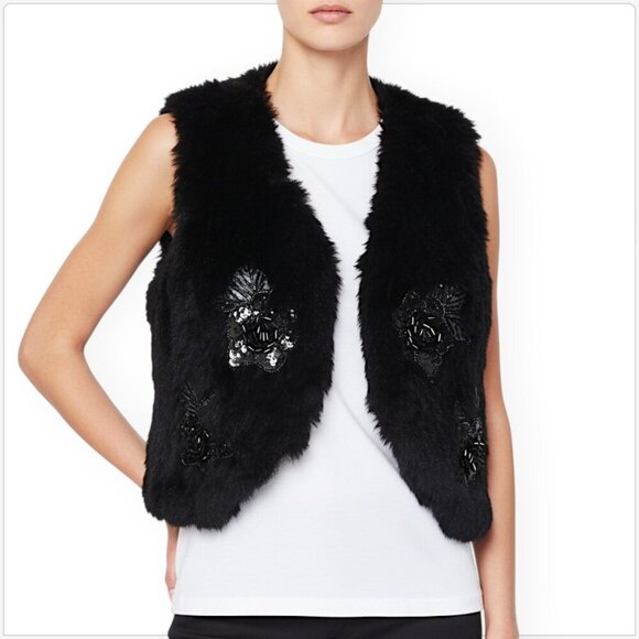 Funky East Black Lux Real Rabbit Fur Sequined Beaded Vest Jacket Boho M